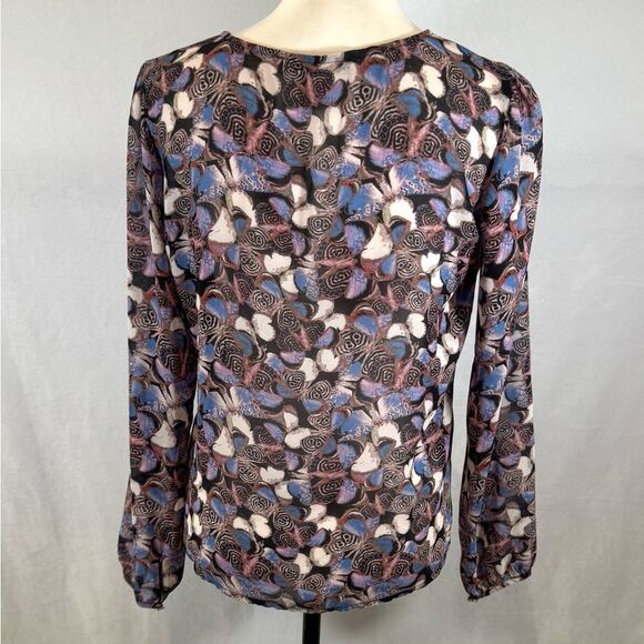 Long sleeve chiffon semi sheer abstract butterfly print top size small - Picture 3 of 6
